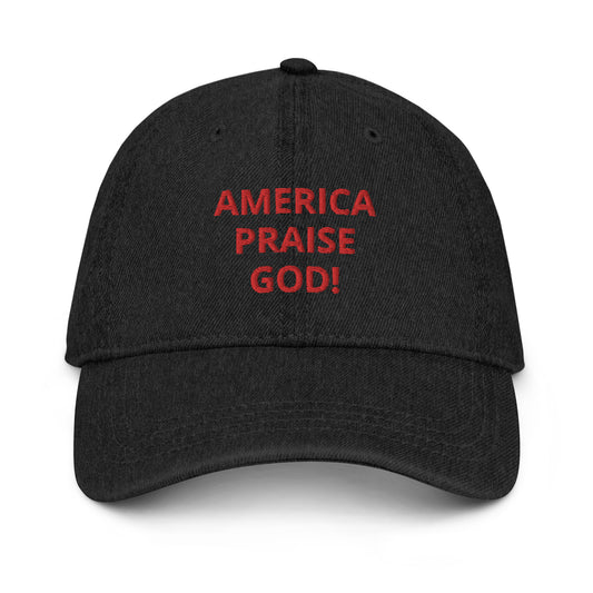 America Praise God! Denim Hat - Red Text.