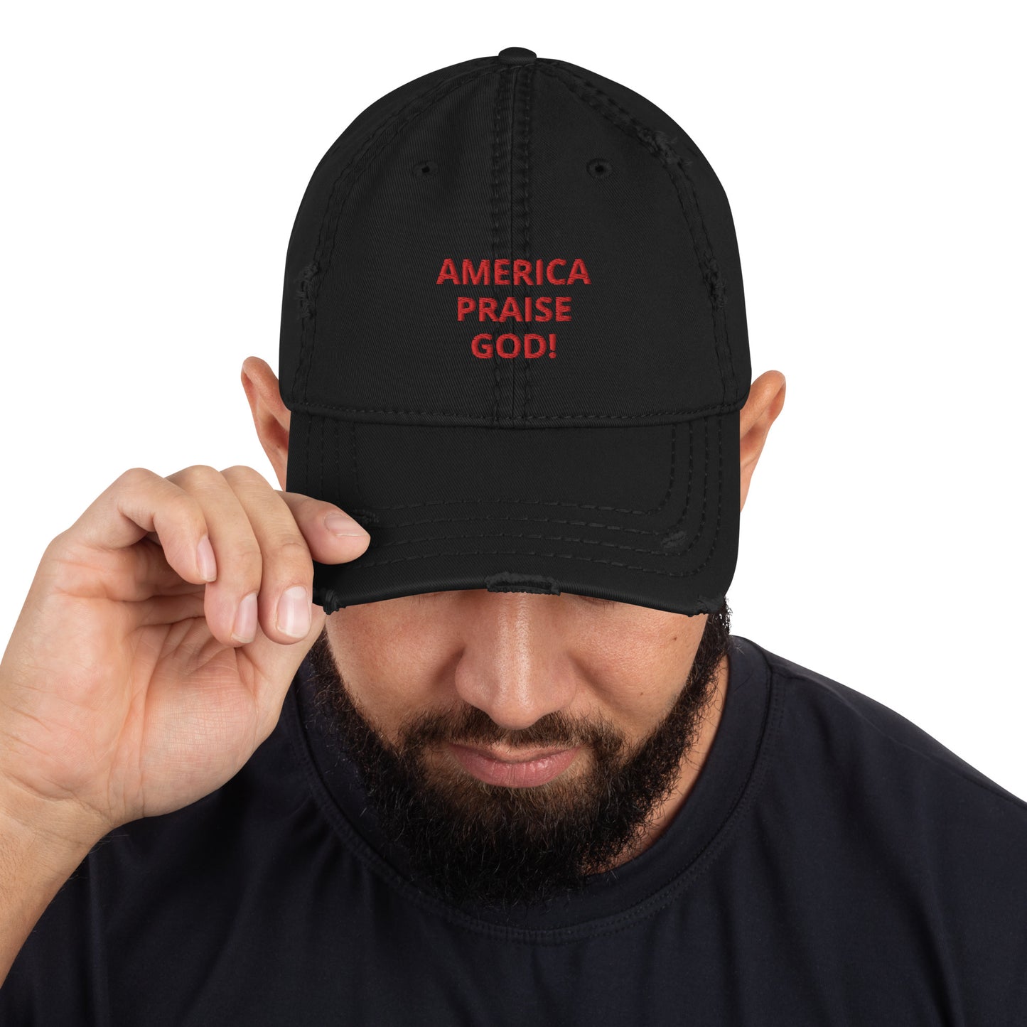 America Praise God! Distressed Dad Hat - Red Text